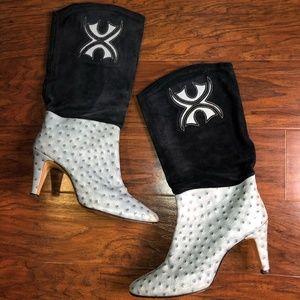 Johansen Blue Leather Fabric Heel Boots Vintage